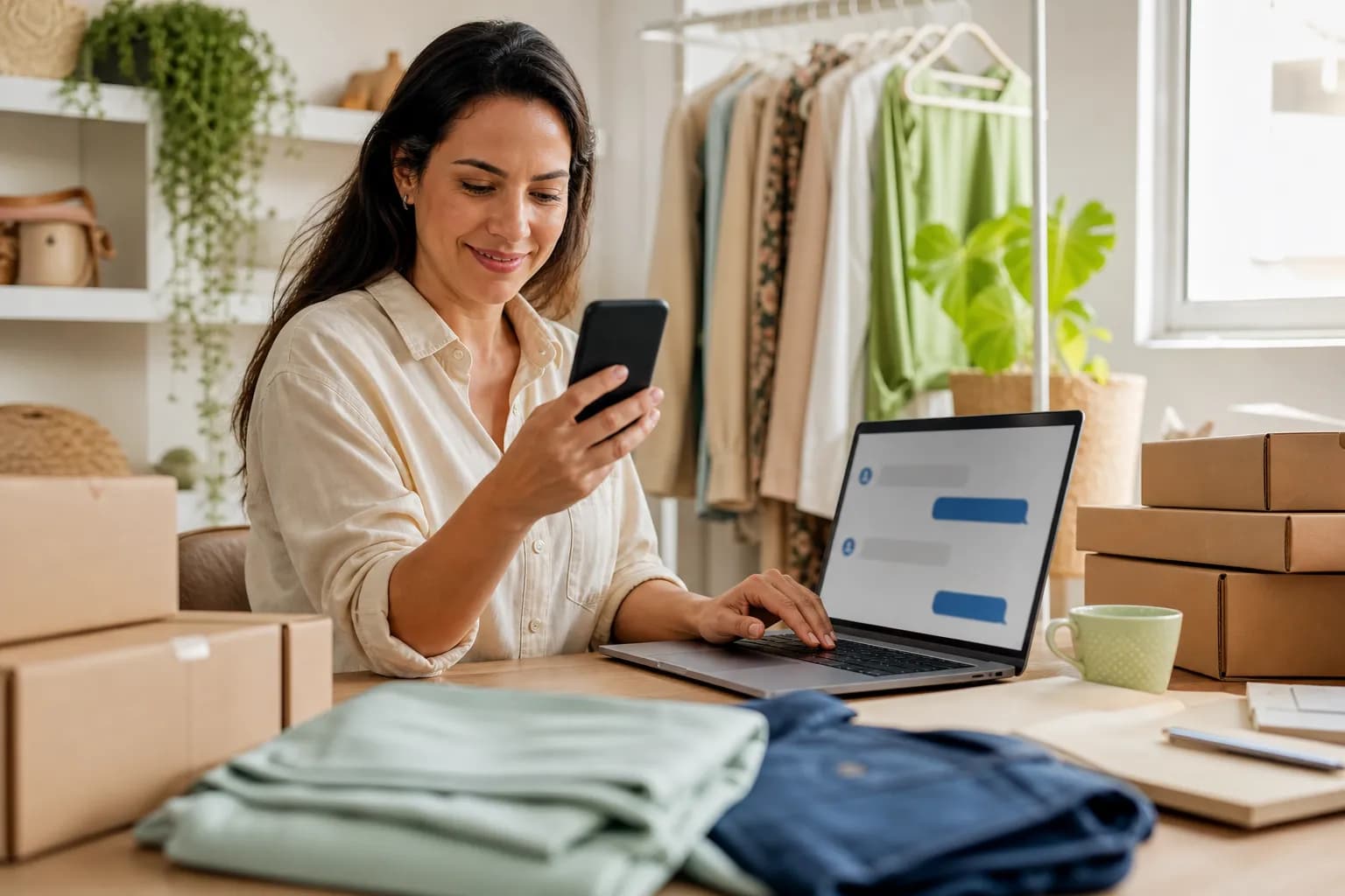 Dona de loja virtual brasileira confere o celular na mesa de embalagens enquanto confirma o acesso de um cliente