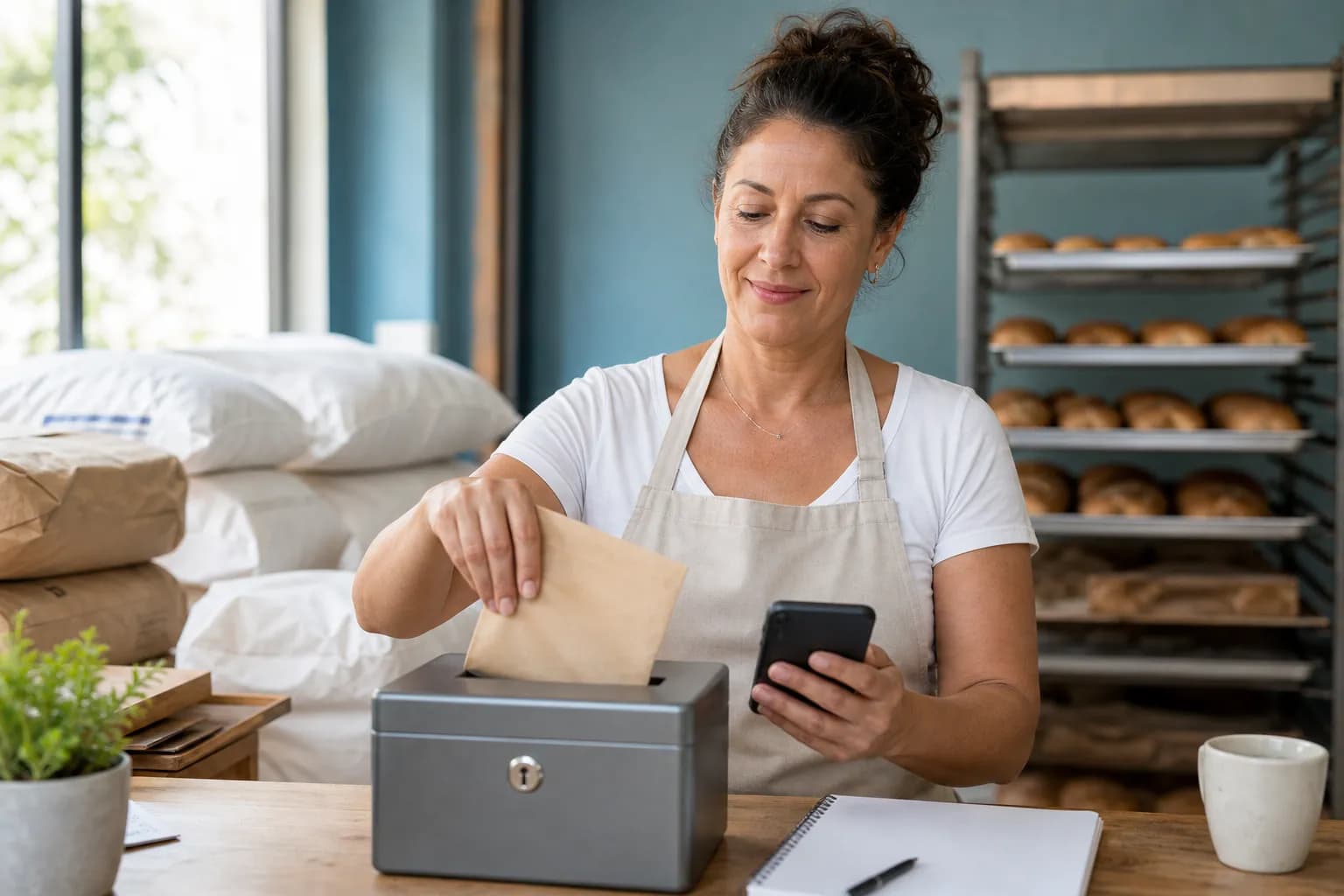 Dona de padaria guarda envelope lacrado em cofre no escritório dos fundos, segurando o celular da loja