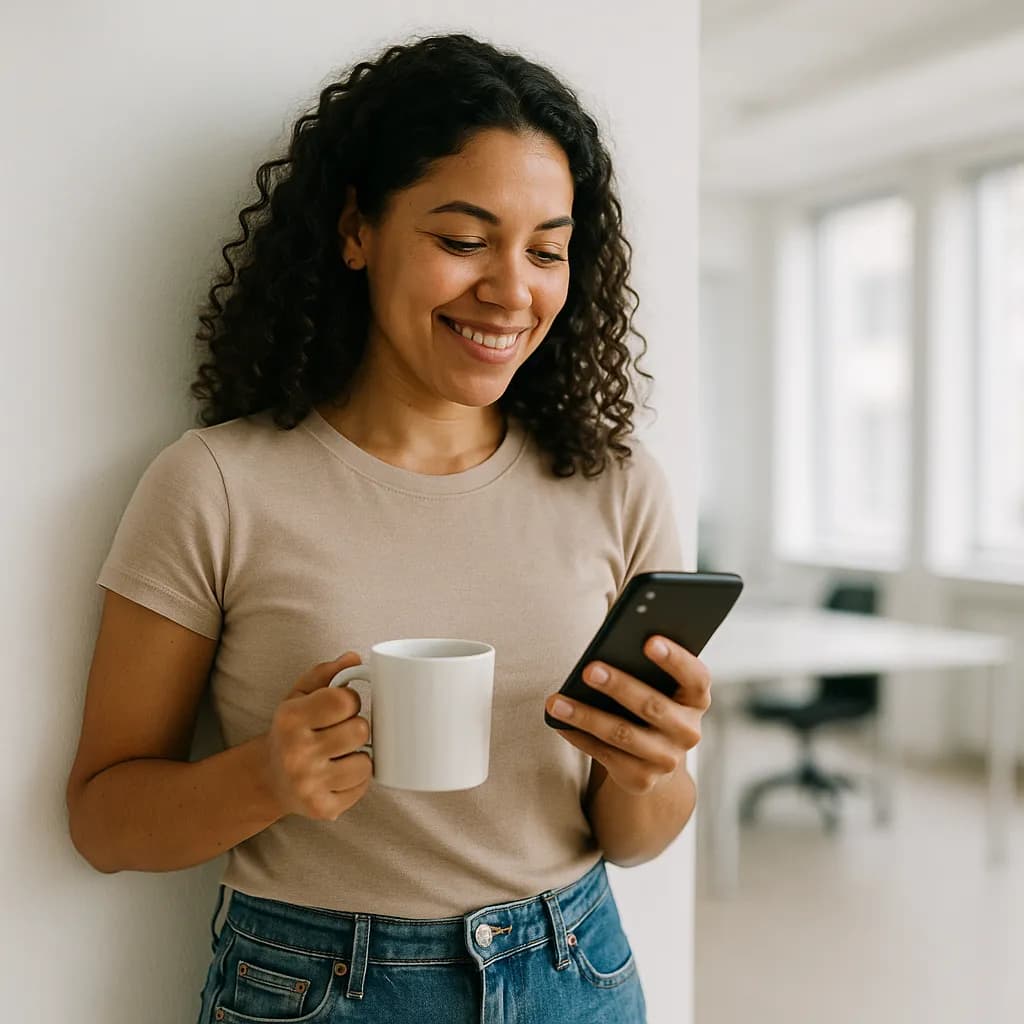 Mulher sorrindo enquanto lê uma mensagem no celular, segurando uma caneca