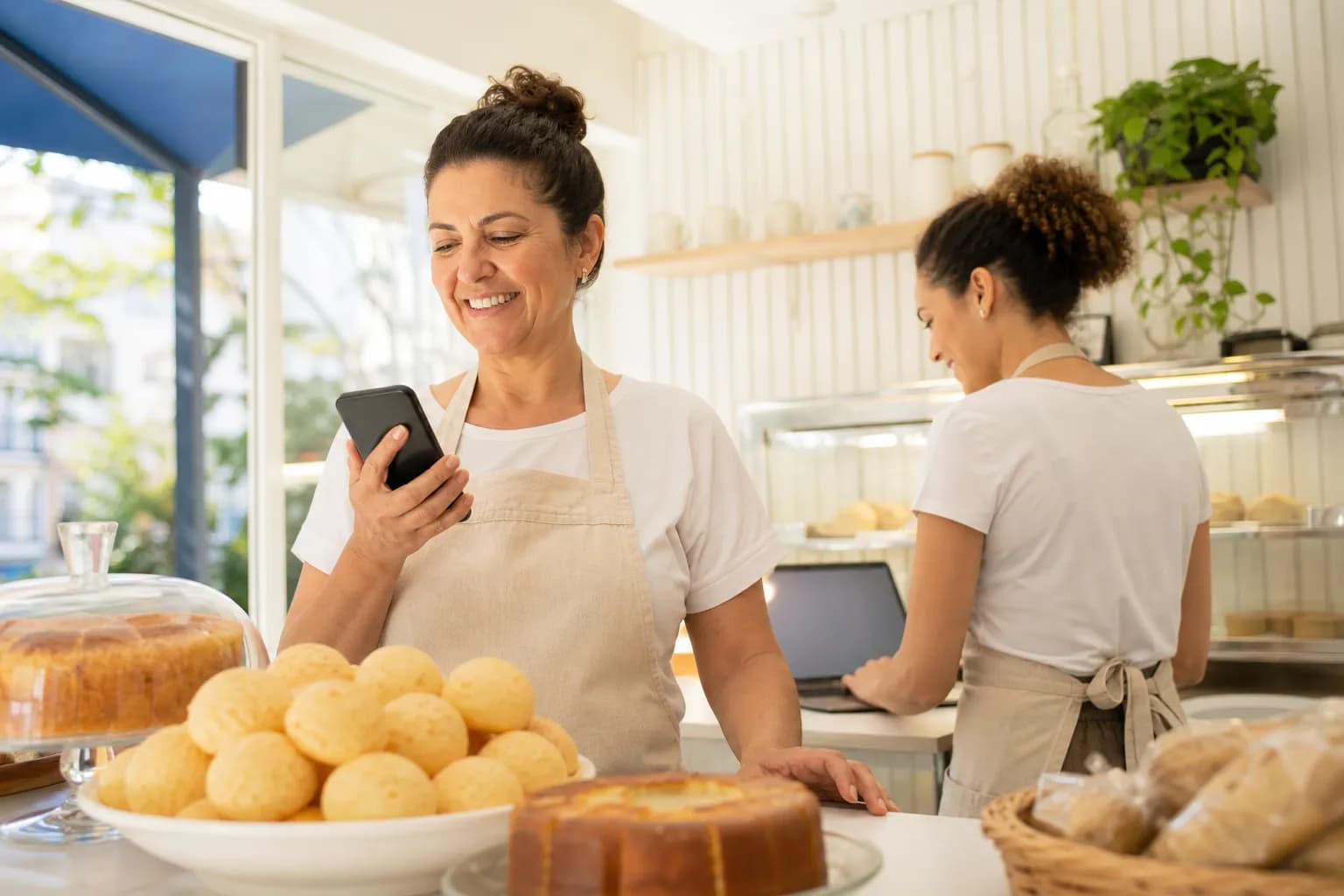 Dona de padaria atende cliente pelo celular enquanto funcionário usa notebook no balcão