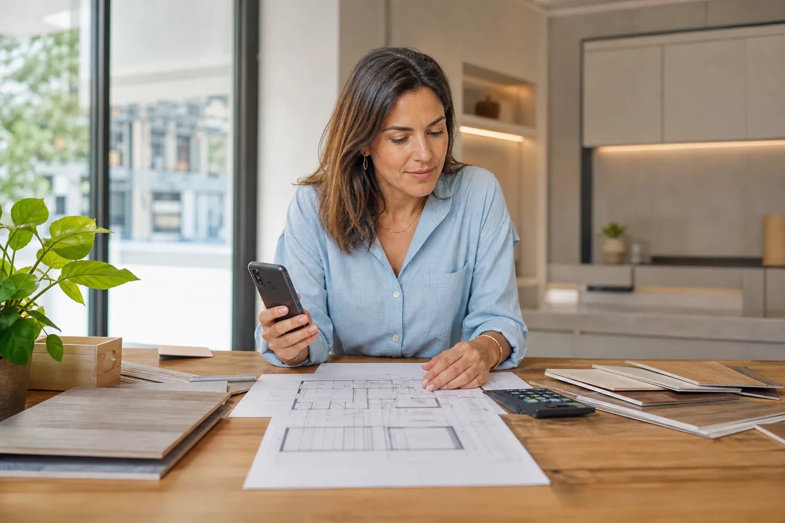 Designer de móveis planejados no showroom com celular na mão, analisando planta e amostras de madeira de um orçamento