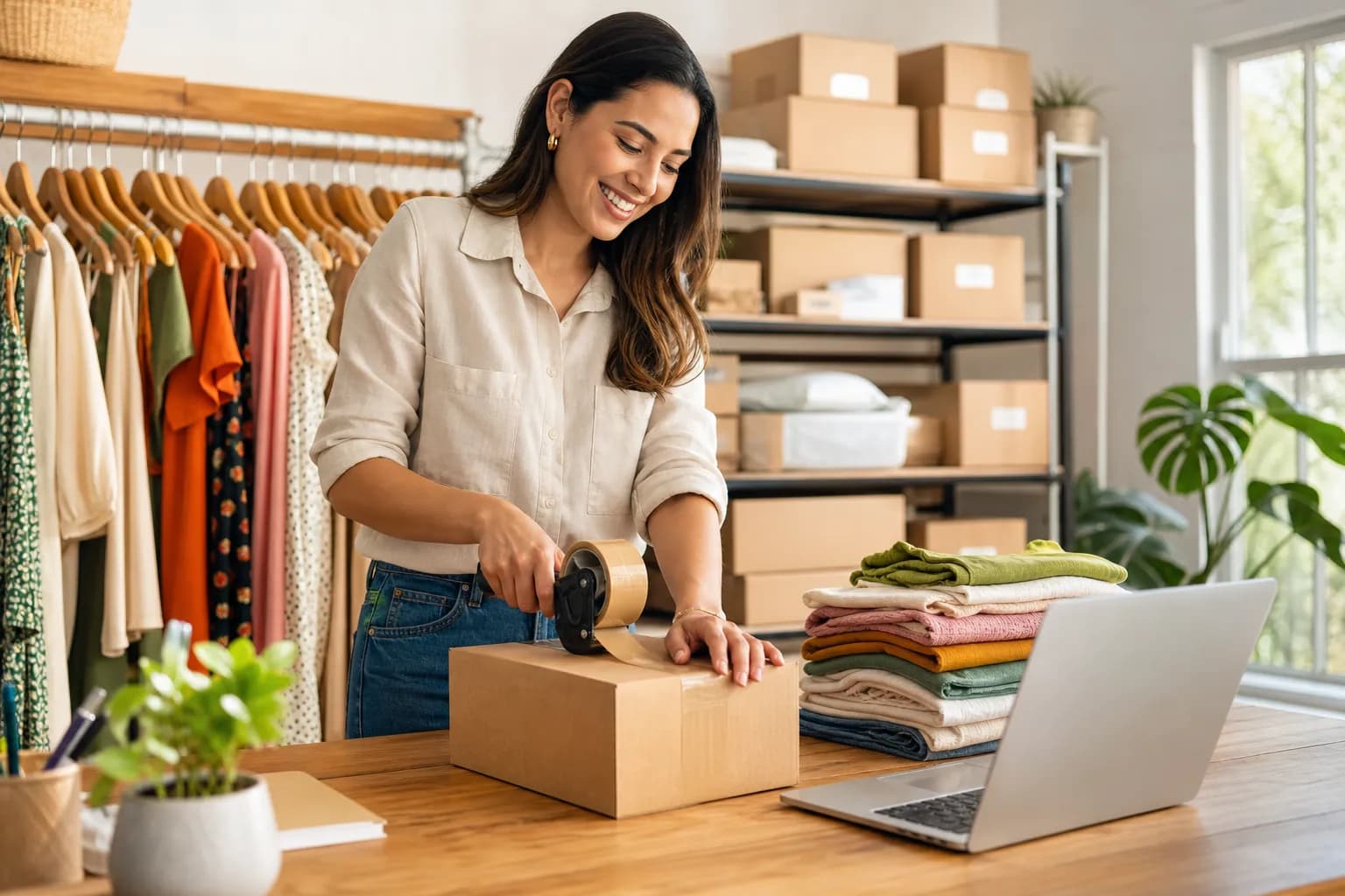 Dona de loja de roupas online embala pedido sorridente em estoque iluminado, com araras e caixas de envio ao fundo
