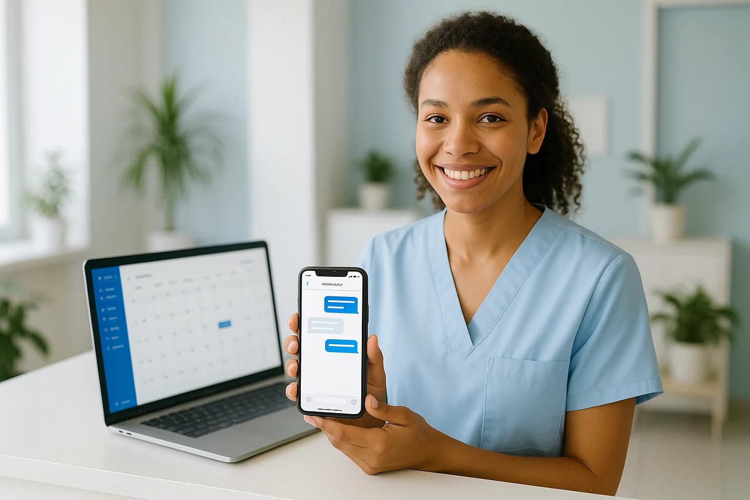Recepcionista de clínica sorrindo e mostrando conversa no celular, com a agenda aberta no notebook
