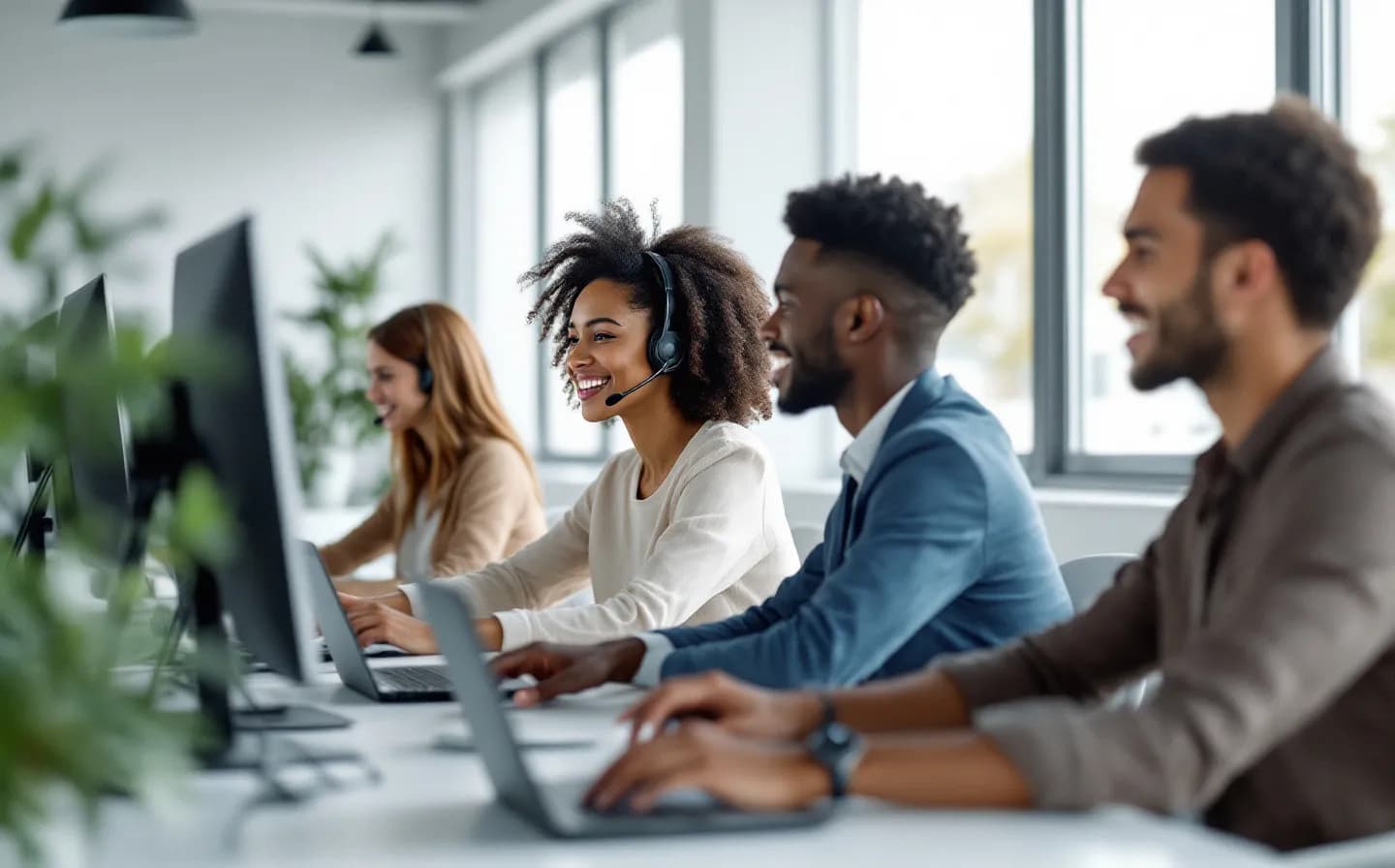 Equipe de atendimento trabalhando junta em um escritório claro