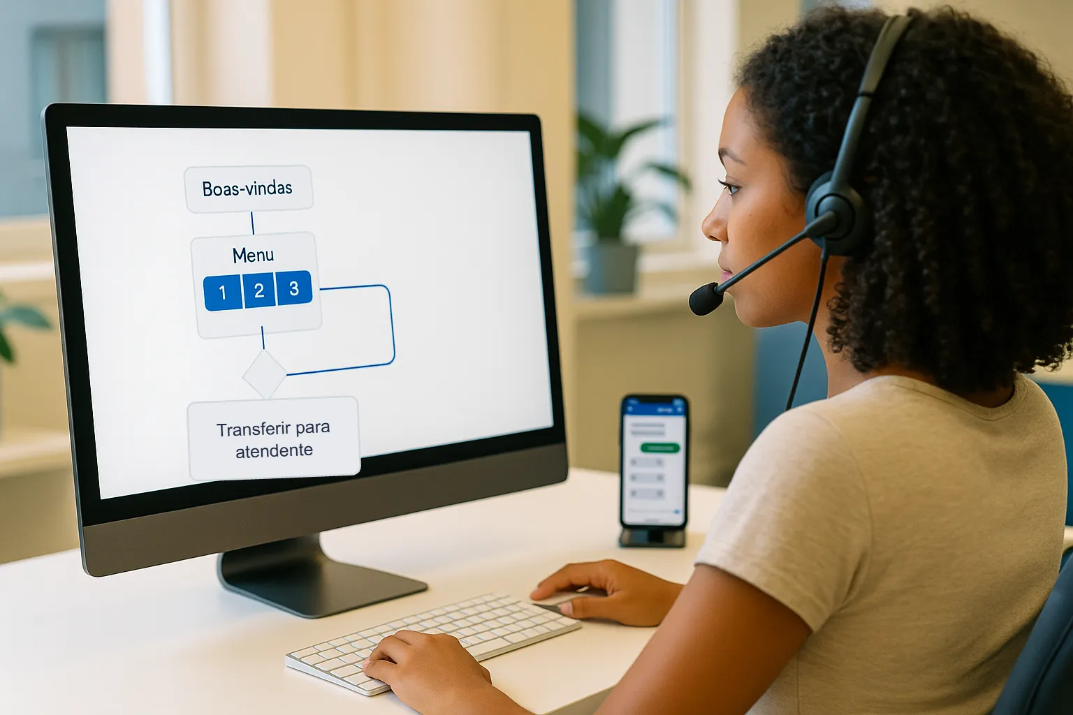 Atendente configurando um fluxo de chatbot com menu e transferência para atendente